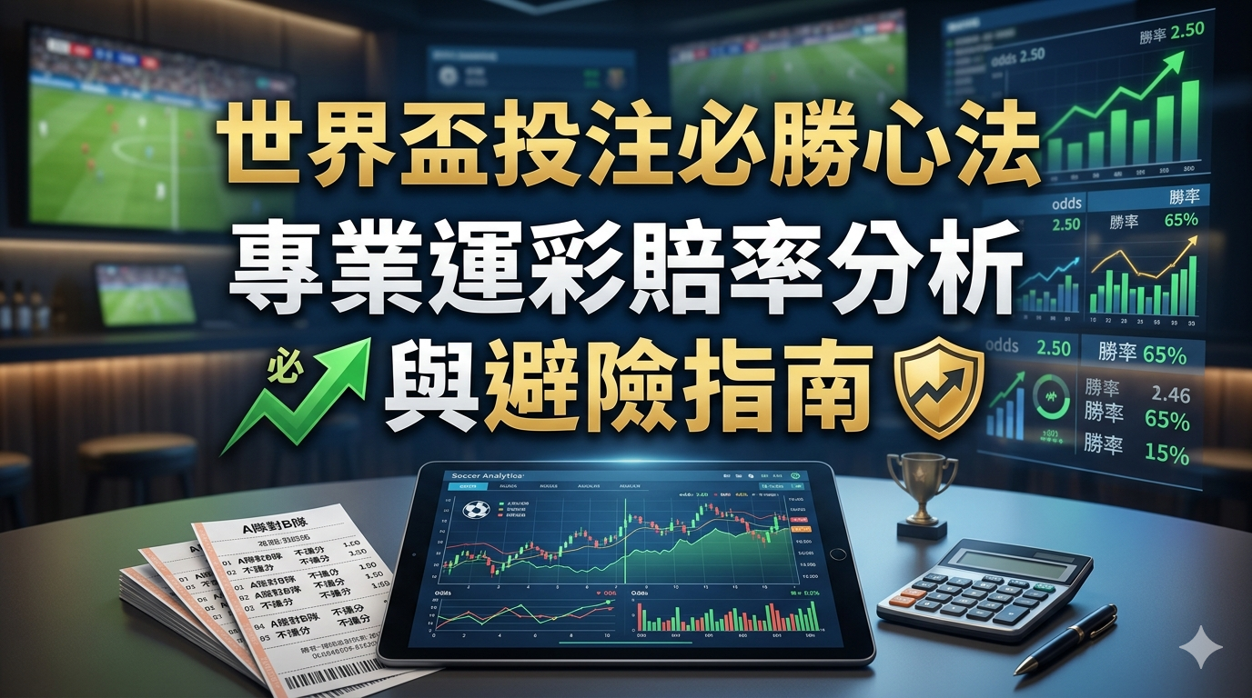 畫面呈現專業的體育數據分析桌，並以「世界盃投注必勝心法」為核心標題。 圖像整合了賠率趨勢圖、運彩投注單與避險概念，整體風格強調數據導向與專業理性的投注策略。