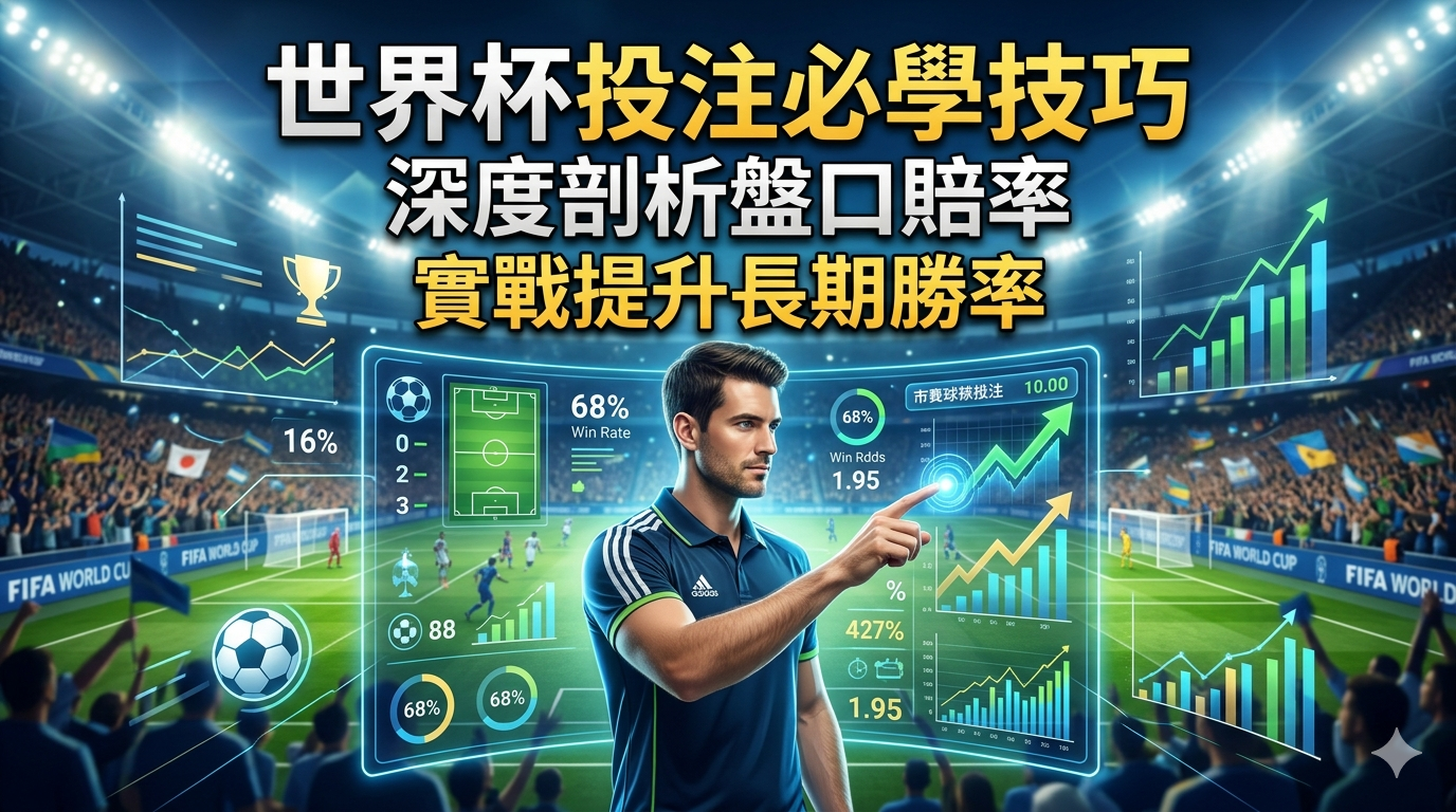 這張圖片呈現一位專業分析師在充滿科技感的足球場背景前，透過虛擬界面深入剖析數據與賠率。 整體設計以繁體中文標題強調投注技巧，結合動態圖表意象，精準傳達提升長期勝率的核心主題。